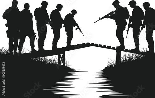 Silhouette of armed soldiers crossing narrow bridge over water at dusk, military patrol teamwork, security, conflict, defense concept illustration