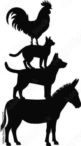 Silhouette of Bremen Town Musicians animals stacked together, donkey dog cat rooster, fairy tale folklore illustration isolated on white background