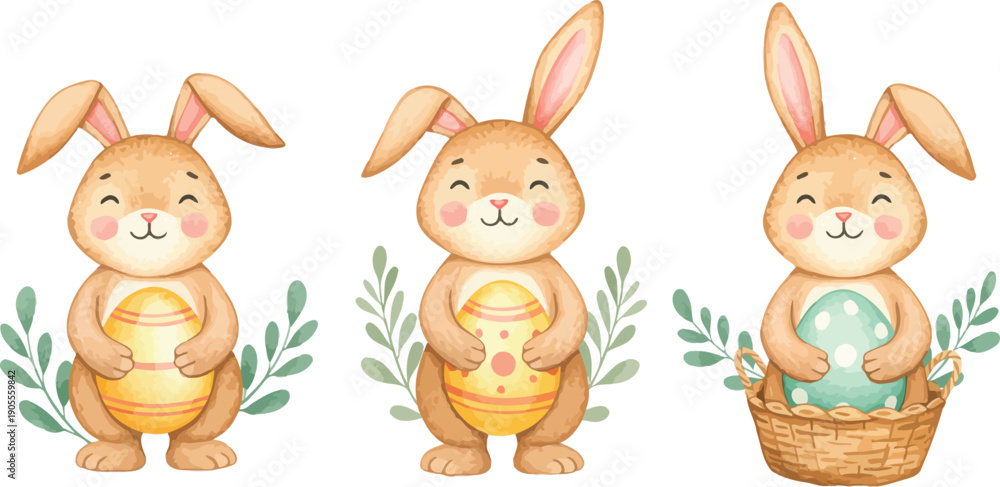 Obraz premium Three adorable bunnies with long ears standing in a row with plants and easter egg