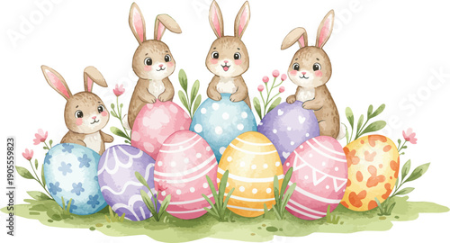 Four cute bunnies standing behind colorful easter eggs in grass with flowers