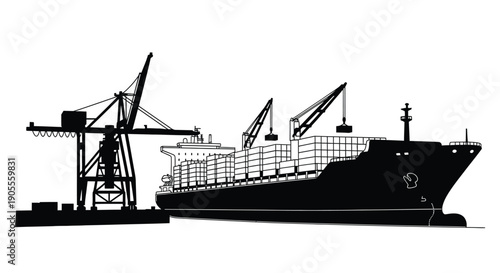 A large cargo ship is docked at a port facility depicted in striking black form as a silhouette high quality professional detailed