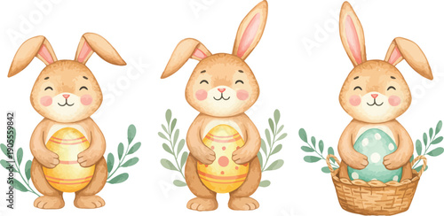Three adorable bunnies with long ears standing in a row with plants and easter egg