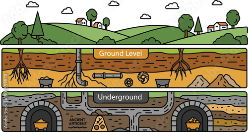 Underground mining infrastructure illustration showing ground level and subsurface details clearly