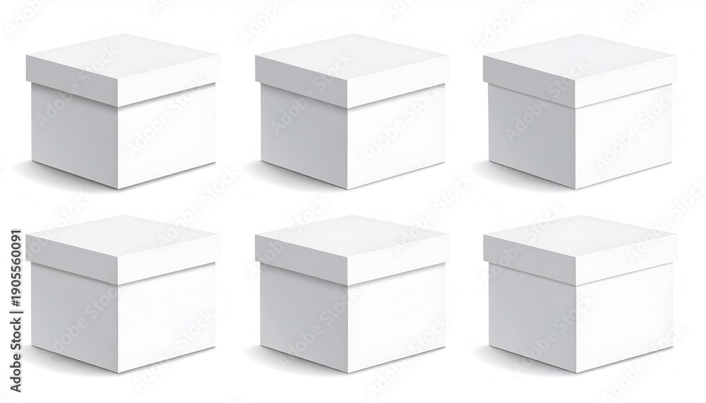 Fototapeta premium Six white, simple boxes with lids are arranged symmetrically against a plain white background