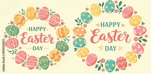 Happy easter greeting card with decorated eggs and foliage