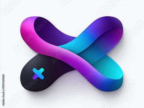Glossy abstract crossed loop shape with vibrant purple blue gradient representing digital connectivity system integration and modern technology branding