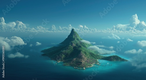 A beautiful tropical island with an emerald green mountain in the middle, surrounded by a blue ocean and white clouds, a scenic landscape concept