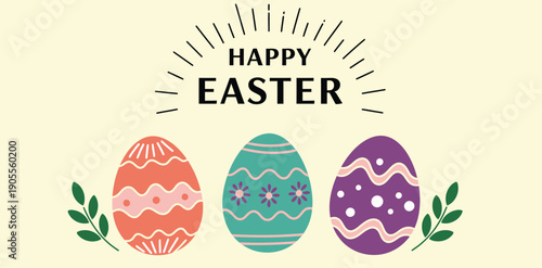 Happy easter greeting card with colorful decorated eggs and leaves