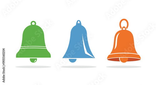 Three colorful bells stand prominently against a white background showcasing a bold graphic silhouette high quality professional detailed modern elegant stylish clean