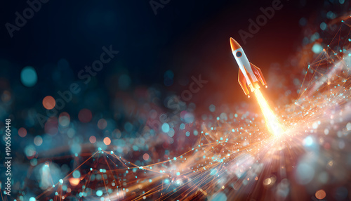Wallpaper Mural Digital rocket launch signifies rapid business growth with upward trending arrows. Abstract tech background with connected dots, lines creates futuristic concept for success. Boosting development Torontodigital.ca