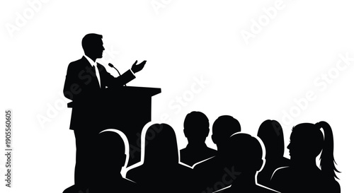 A speaker delivers a presentation to an audience captured in a striking black silhouette high quality professional detailed modern elegant stylish clean