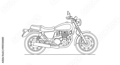 A detailed line drawing showcases a classic cafe racer motorcycle design emphasizing form and function silhouette high quality professional modern elegant