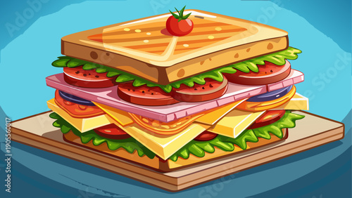 Cartoon vector illustration of a classic club sandwich with layers of bread meat cheese and vegetables in flat clean cafe food style