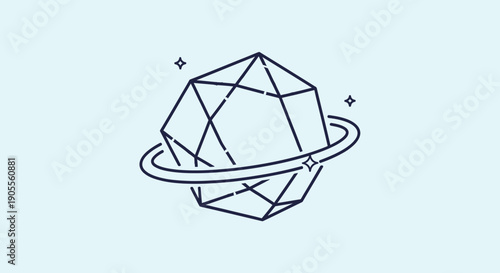 Minimalist Icosahedron with Orbital Ring and Sparkles Abstract Geometric Design