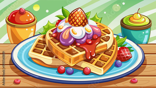 Cartoon vector of crispy waffles topped with fruit and syrup in clean flat cafe dessert illustration style