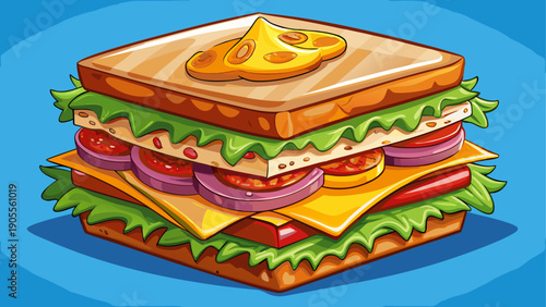 Cartoon vector illustration of a classic club sandwich with layers of bread meat cheese and vegetables in flat clean cafe food style