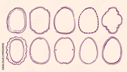 Doodle naive frames, hand drawn Easter egg border shape set holiday cute line decoration brushstroke. Abstract oval whimsical scribble print, greeting birthday invitation decor. Doodle squiggle frame