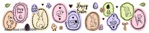 Easter doodle stickers, spring holiday decorative print, hand drawn cute bunny egg decoration art. Festival whimsical badge, cartoon seasonal animal, congratulation invitation graphic. Easter stickers