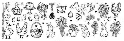 Spring Easter doodle set, hand drawn holiday cute bunny illustration seasonal whimsical flower print. Countryside animals and birds, tulip bouquet, festive eggs, funny rabbit. Easter cartoon doodle
