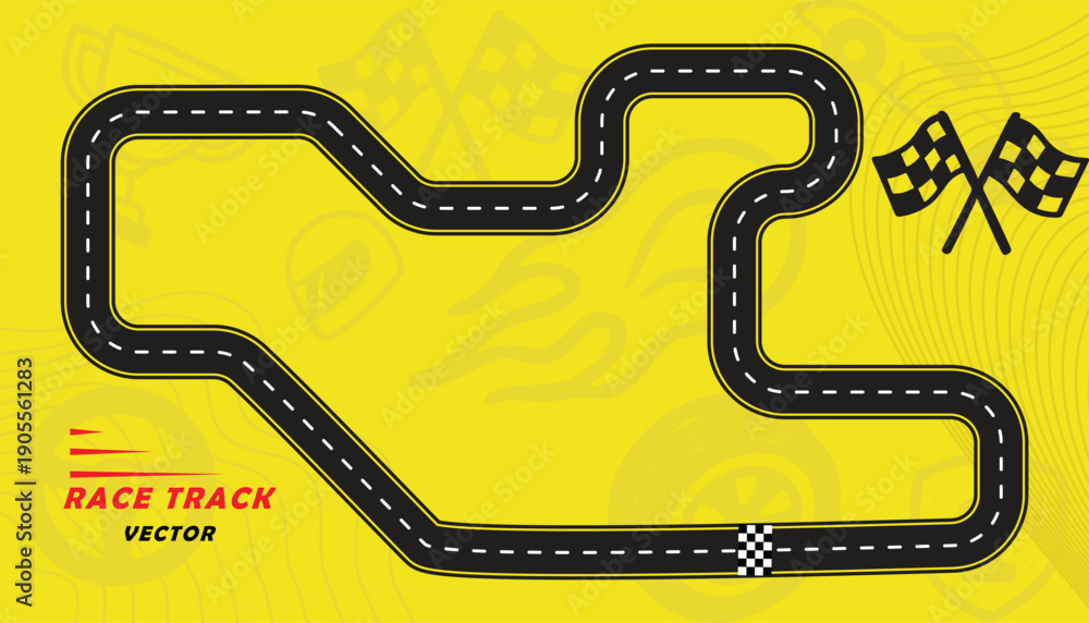 Fototapeta premium Creative vector illusion of race track isolated on yellow background. Speed race track design with creative icons.
