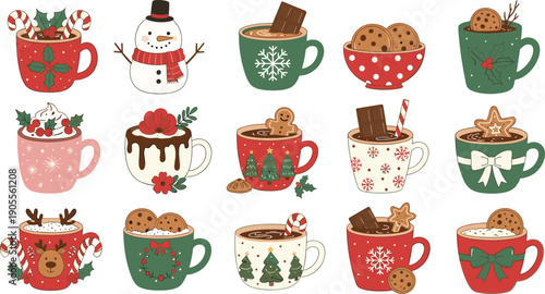 Christmas Hot Chocolate and Coffee Mug Illustration Set Vector Cozy Winter Drinks with Gingerbread Snowman Cookies and Holiday Season Treats for Festive Greeting Card Design