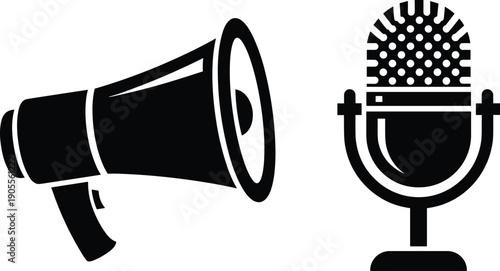 Megaphone microphone icons, sound amplification vector, audio recording design, communication tools graphic, public speaking symbol, media industry element, flat vector illustration