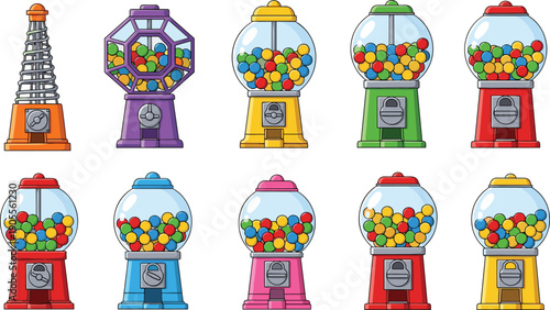 Collection of Colorful Gumball Machine Cartoons Featuring Various Retro Designs Shapes and Vibrant Candy Dispensers Set on a Clean White Background for Design