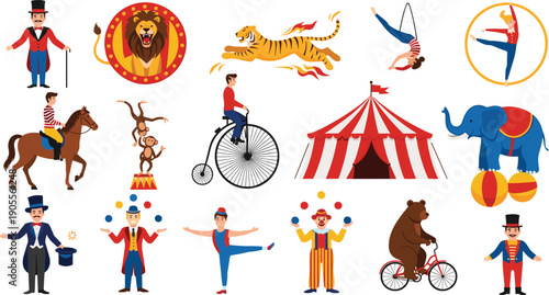 Circus Performance Collection with Ringmaster Magician Clown and Trained Animals Including Elephant Lion Bear and Tiger Vector Set for Carnival Party Invitation Poster Design