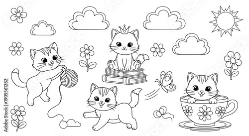 Cute cats in cup and clouds whimsical kitten line art.