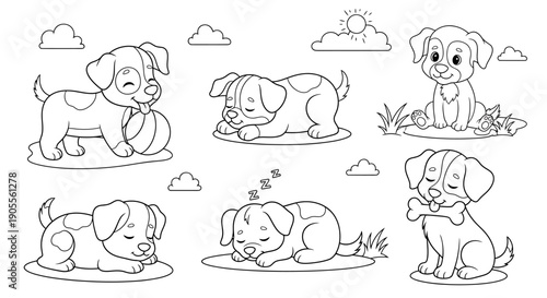 Puppy dog cartoon character playing sleeping set.