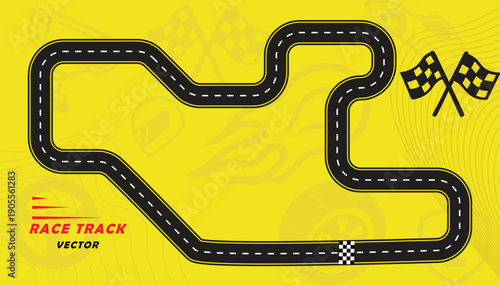 Creative vector illusion of race track isolated on yellow background. Speed race track design with creative icons.