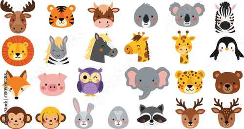 Cute Animal Face Illustration Set Vector Kawaii Zoo and Forest Creatures for Nursery Decor Baby Shower Invitations Kids Educational Graphics and Children Birthday Party Theme