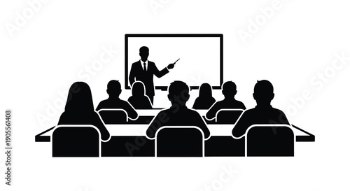 Business meeting with a presenter and audience in stark black silhouette
