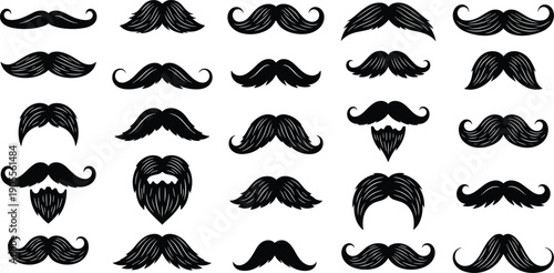 Hand Drawn Black Mustache and Beard Silhouette Collection Featuring Various Facial Hair Styles Like Handlebar Chevron Goatee and Fu Manchu for Barber Shop Branding Design