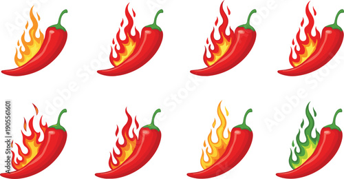 Red Chili Pepper with Fire Flames Illustration Set Vector Hot Spicy Food Icons and Capsicum Level Symbols for Restaurant Menu Mexican Cuisine and Scoville Scale