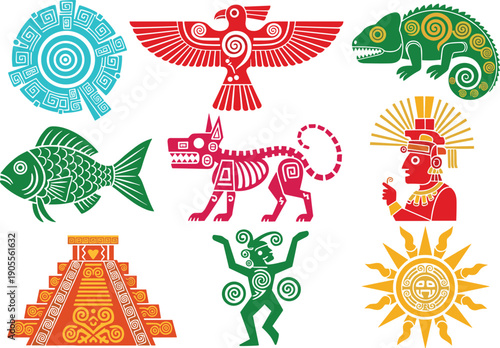 Set of Ancient Tribal Symbols and Ethnic Icons Featuring Aztec Mayan Culture Inspired Sun Gods Totem Animals Pyramid and Traditional Indigenous Patterns for Historical Graphic Design