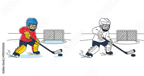 Cute little hockey player boy on ice rink vector illustration. Set of colored and black and white outline version for coloring book page.