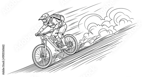 A dynamic sketch depicts a mountain biker speeding forward with motion lines creating an intense silhouette high quality professional detailed modern elegant
