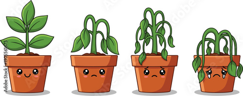 Set of Four Kawaii Potted Plants Showing Stages of Wilting and Dying from Healthy Green Growth to Drooping Leaves and Crying Sad Expression