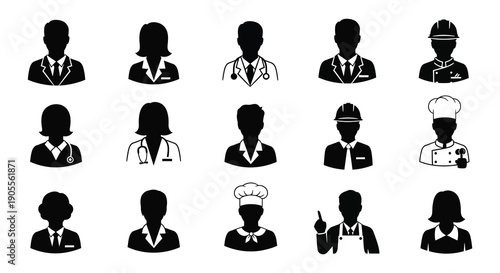 Diverse group of professional people depicted in a stark black silhouette