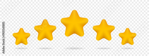 Five stars rating  Realistic vector customer review. Positive rating concept with shiny yellow stars on transparent background