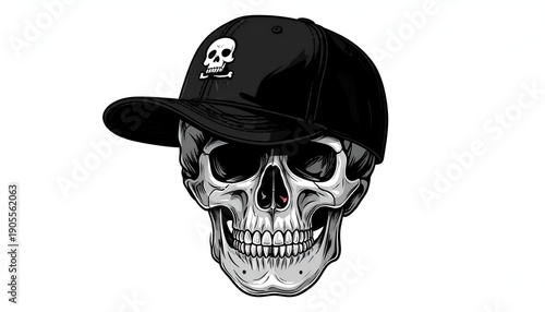 Skull illustration wearing a black baseball cap with a skull and crossbones emblem, set against a plain white background