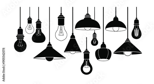 A collection of various black pendant lights displayed against a stark white background silhouette high quality professional detailed modern elegant stylish