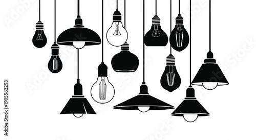 A collection of hanging light bulbs in varying styles and shapes presented as a stark silhouette high quality professional detailed modern elegant