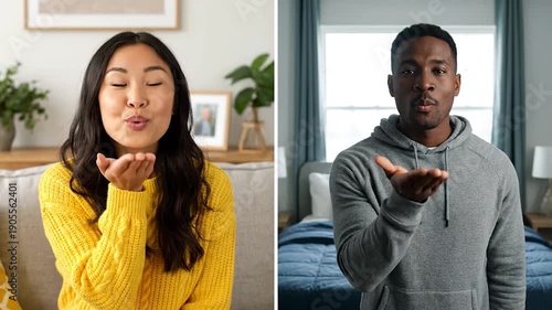 Two individuals, an Asian woman and Black man, blow kisses towards the viewer