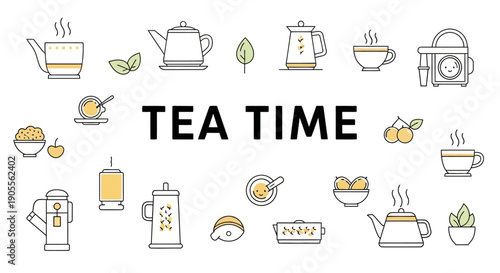 Vector tea time icons set, tea kettle, cup, infographic elements, for website or presentation, Isolated on transparent background, png