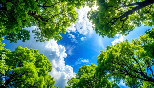 Sky seen through verdant tree canopy. Sunlight streams through. Bright blue with fluffy white clouds on a sunny day