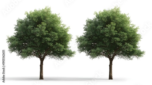 Two green leafy trees standing side by side in bright daylight minimalist nature background