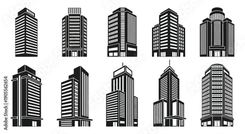 Black and white cityscape illustration featuring modern buildings a striking silhouette