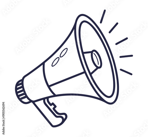 A flat vector illustration of a 3d megaphone icon isolated on white, used as a loudspeaker or bullhorn amplifier to announce news and shout a public message with loud audio volume